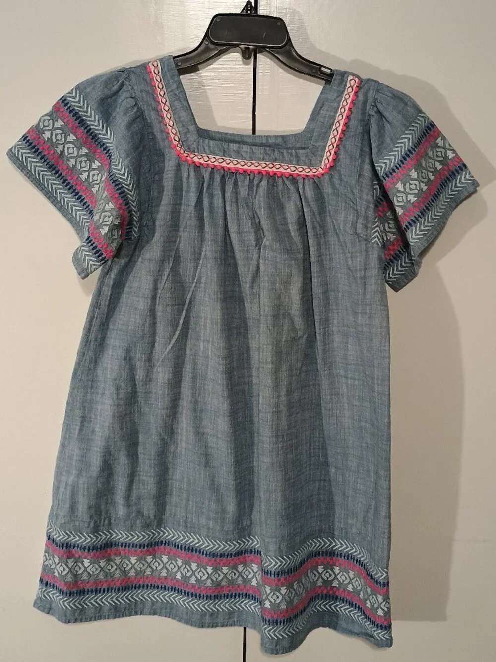 Girls XL 14/16 Chambray Embroidered Peasant Dress Blue Boho Cotton Short Sleeve